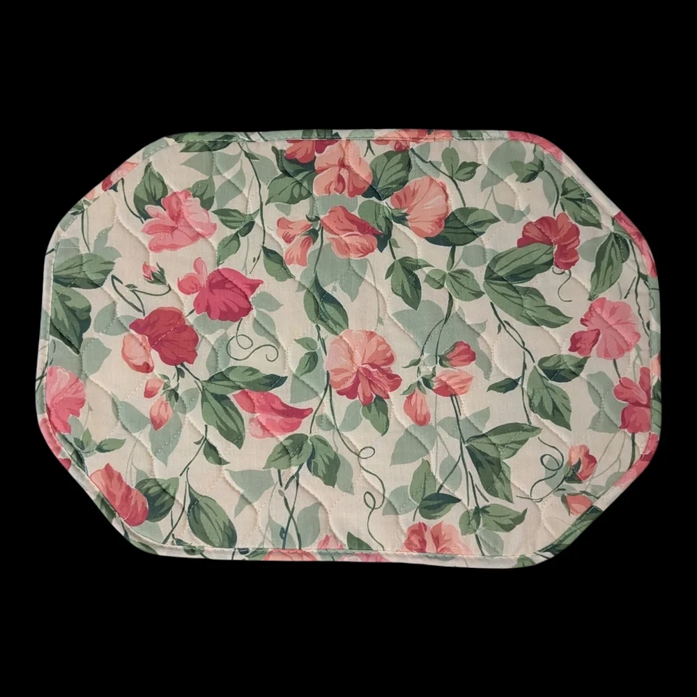 Vintage 90s Cottagecore Set Of 4 Pink Green Floral Quilted Placemats